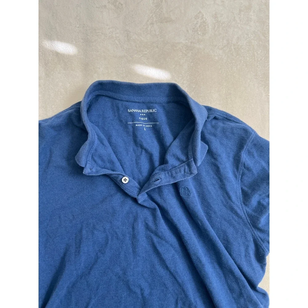 Banana Republic Mens Blue Pique Cotton Short Sleeve Polo Shirt Logo Size L